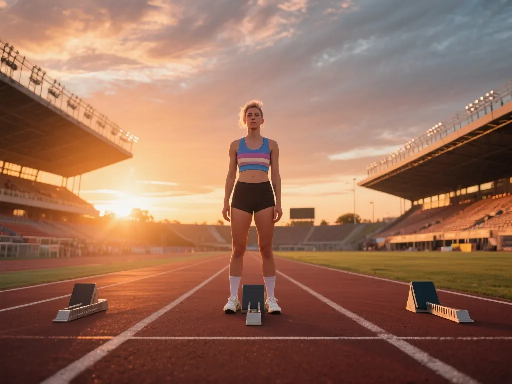 跨性别运动员在晨曦中站在起跑线上的象征画面